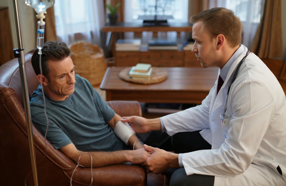 Врач-нарколог проводит детоксикацию от алкоголя на дому, устанавливая капельницу пациенту с абстинентным синдромом для снятия интоксикации и восстановления организма.